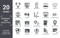 business.and.analytics icon set. include creative elements as connected data, flow chart, analytics monitor, sine waves analysis,
