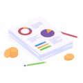 Business analytics report isometric vector illustration. Stack of paper documents with pie graphic and bar chart. Royalty Free Stock Photo