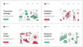 Business analytics and statistics, code review, teamwork strategy set and tiny people