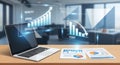 Business Analytics Data Analysis Laptop Digital Projection Graphs Office Performance Improvement Strategy. Royalty Free Stock Photo