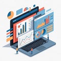 Business Analytics 2D Flat Illustration Laptop with Graphs Royalty Free Stock Photo