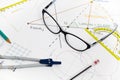 Business Architectural project, pair of compasses, glasses, rule Royalty Free Stock Photo