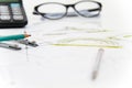 Business Architectural project, pair of compasses, glasses, rulers and calculator Royalty Free Stock Photo