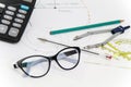 Business Architectural project, pair of compasses, glasses, rulers and calculator Royalty Free Stock Photo
