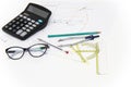 Business Architectural project, pair of compasses, glasses, rulers and calculator Royalty Free Stock Photo