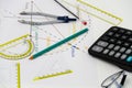 Business Architectural project, pair of compasses, glasses, rulers and calculator Royalty Free Stock Photo