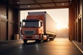 Business arrival Large delivery truck at building garage, loaded with boxes