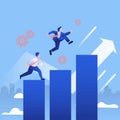 Business arrow concept with businessman  jumping on the graph. grow chart up increase profit sales and investment. background Royalty Free Stock Photo