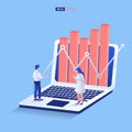 Business arrow and graph concept with woman and man discuss data on the laptop. grow chart up increase profit sales and investment Royalty Free Stock Photo