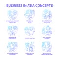 Business in Asia blue gradient concept icons set