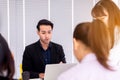 Business asian team discussion work in office,People sharing ideas and discussing project,Brainstorm meeting concept Royalty Free Stock Photo