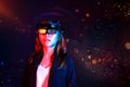 Business asian woman experiences hololens glass in the universe. Mixed reality future technology concept