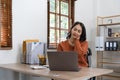 business Asian woman having neck pain while working on computer laptop. office syndrome concept. Royalty Free Stock Photo