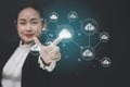 Business Asian woman touching connect to data information on the cloud icon computing network., Backup Storage Data Internet, netw Royalty Free Stock Photo