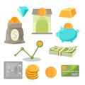 Business asset money investment icons set diamonds, gold, piggy, safe