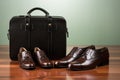 business attire laid out ready for job interview: suit, tie, briefcase, freshly shined shoes Royalty Free Stock Photo