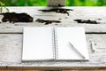 Stock photo :Open Notebook and white pen on old wooden backgrou Royalty Free Stock Photo