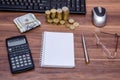 Business background, view from above on a wooden table Royalty Free Stock Photo