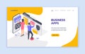 Business banner with people browsing modern apps. Isometric vector illustration