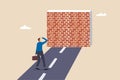 Business barrier, obstacle or difficulty, road block or career struggle, trouble or problem to be solved, prohibited or dead end