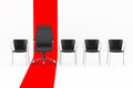 Business Black Office Leather Boss Armchair in Row with Simple Chairs over Red Line. 3d Rendering