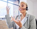 Business, black woman and call center for customer support, talking and telemarketing with happy agent. African American Royalty Free Stock Photo