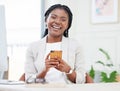 Business, black woman and laughing portrait with a phone at a desk for communication, chat or social media. Happy Royalty Free Stock Photo