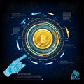 Business blue background with golden bit coin in center of round hightech futuristic info graphic Royalty Free Stock Photo