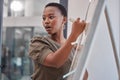 Business, board and black woman with presentation, planning and explain process at a workshop. Female person, presenter Royalty Free Stock Photo