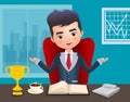 Business boss vector character. Male boss business character sitting and talking in office desk.