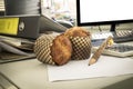 Business breakfast cafe, muffin, in office Royalty Free Stock Photo