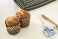 Business breakfast cafe, muffin, in office Royalty Free Stock Photo