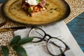 Business breakfast concept with toast with poached eggs, bacon Royalty Free Stock Photo