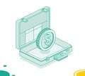 Business briefcase with dollar coin. Isometric outline concept. 3d object