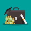 Business briefcase, graduation cap, money, diploma