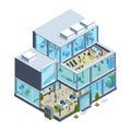 Business building isometric. Glass facade offices inside modern architecture elevators garish vector house