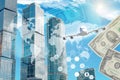 Business building with world map and money Royalty Free Stock Photo
