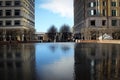 Business buildings reflection view, Canary Wharf