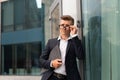 Business. Businessman Glasses Standing City Street Near Office Building Royalty Free Stock Photo