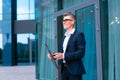 Business. Businessman Glasses Standing City Street Near Office Building Royalty Free Stock Photo