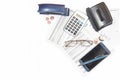 Business calculation with number tables, calculator, glasses, sm