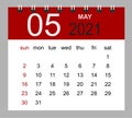 Business calendar 2021 of May. Notebook isolated page