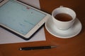 Business, calendars, appointment. Office table with notepad, computer, coffee cup.