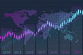 Business candle stick graph chart of stock market investment trading with world map. Stock market and exchange. Stock
