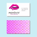 Business card with Beautiful girl lips with bright pink manicure nails. Beauty Business card, Logo, banner, poster. Vector illustr