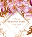 Business card with beautiful pink flowers. Golden abstract frames stylish cards