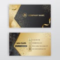 Business card. Black gold background with logo, thin icons. Luxury background