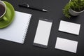 Business card blank, smartphone or tablet pc, flower and pen at office desk table top view. Corporate stationery Royalty Free Stock Photo