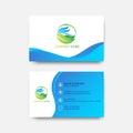 Business card design blue smooth ocean wave lines curve with green leaf eco logo natural vector Royalty Free Stock Photo