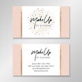 Business card design with white and pale pink geometric shapes and faux gold foil confetti.